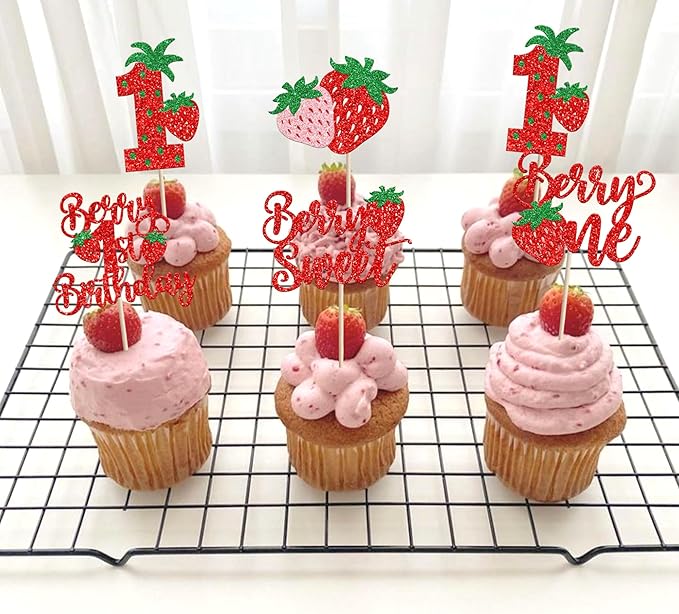 30 Pack Sweet One Cupcake Toppers Glitter First Birthday Strawberry Cupcake Picks for Fruit Baby Shower 1st Birthday Berry One Sweet Cake Decorations Party Supplies Red