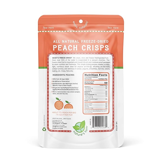 Nature’s Turn Freeze-Dried Peach Crisps – Healthy, Gluten-Free, Crispy & Delicious, Plant-Based Snack, Ideal for Cereal, Smoothies, School Lunches, & On-the-Go, Pack of 12 (0.53 oz Each)