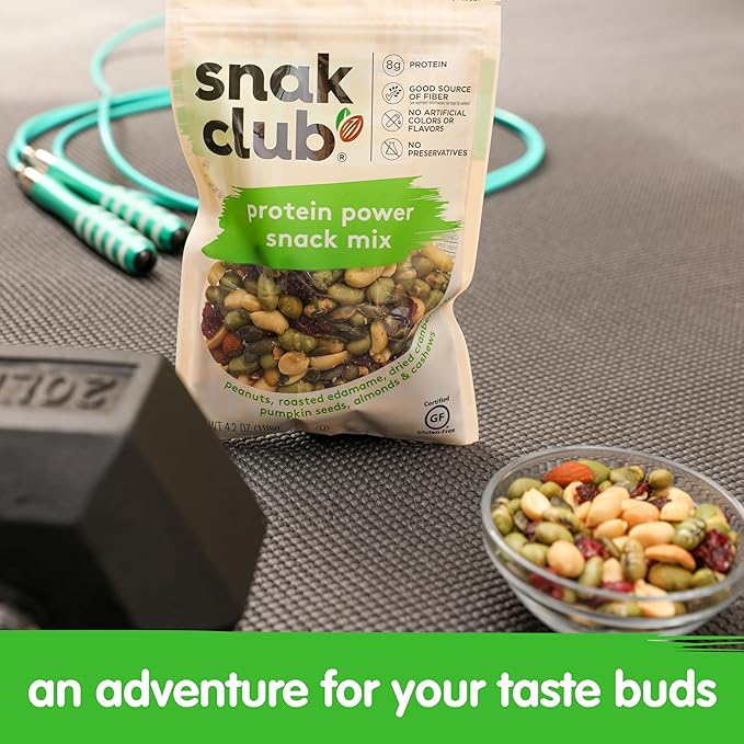 Snak Club Protein Power Snack Mix with Peanuts, Roasted Edamame, Dried Cranberries, Pumpkin Seeds, Almonds, and Cashews, Gluten-Free and Kosher Trail Mix Snacks, 4.2 oz Resealable Bags, 6 Pack