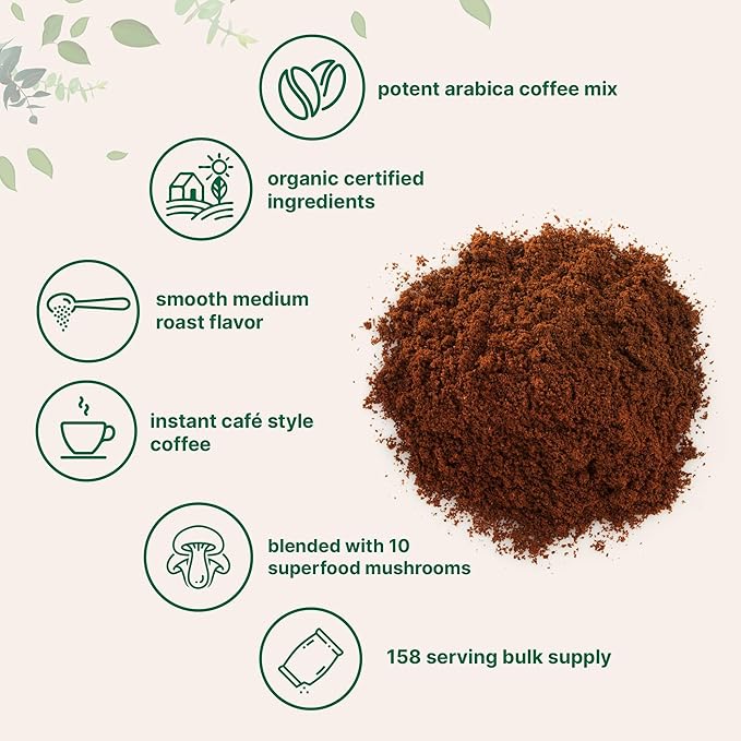 Organic Instant 10 in 1 Mushroom Coffee Powder, 14 Ounce (158 Servings) | Weight & Immune Support | Premium Arabica Coffee with Lion’s Mane, Chaga, Reishi,& More
