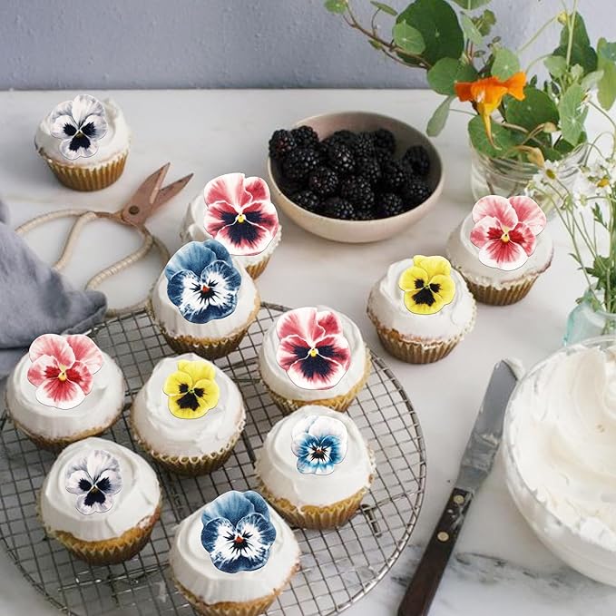 60 PCS Edible Flowers Cupcake Toppers Pansies Spring Edible Flowers Cake Decorations Bridal Shower Wafer Paper Flowers Cupcake Picks for Baby Shower Wedding Engagement Birthday Party Supplies