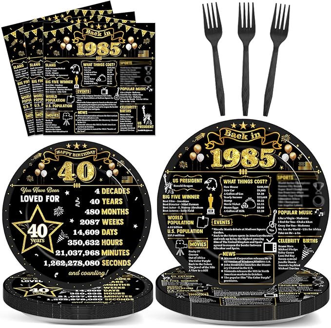 96Pcs 40th Birthday Plates and Napkins Back in 1985 Party Decorations Black Gold 40 Year Old Dessert Plates 1985 Birthday Cheers to 40 Years Theme Tableware Set for 24 Guests Men Women Party Supplies