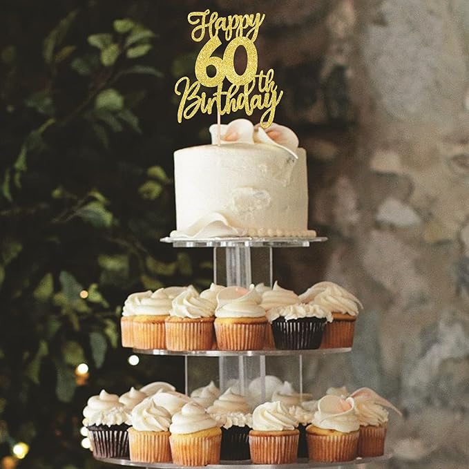 1 PCS Happy 60th Birthday Cake Topper Glitter Cheers to 60 Years Birthday Cake Pick Sixty Hello 60 Fabulous Cake Decoration for Happy 60th Birthday Anniversary Party Decorations Supplies Gold