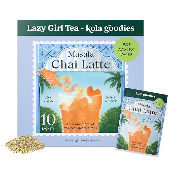Kola Goodies Masala Chai Lazy Girl Tea Latte Powder – Indian Chai Mix with Ceylon Black Tea, Cardamom, Ginger, Cinnamon – Instant Spiced Chai Drink – 10 Sachets – Milk Tea Latte
