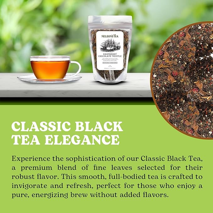 Nelson's Tea Raspberry Chocolate Truffle - Loose Leaf Black Tea with Raspberry Leaf, Rooibos, Truffle Essence, Carob Beans, Hibiscus & Chocolate Chips, Infused with Natural Flavors - 16 oz.