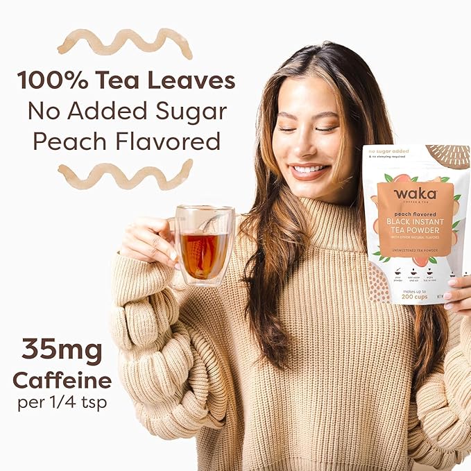 Waka Instant Black Tea Mix, Peach Flavored - 100% Tea Leaves, No Additives, Unsweetened Tea Powder for 50 Quarts or 200 Cups ??Easy and Quick Hot or Iced Teas (4.5oz)
