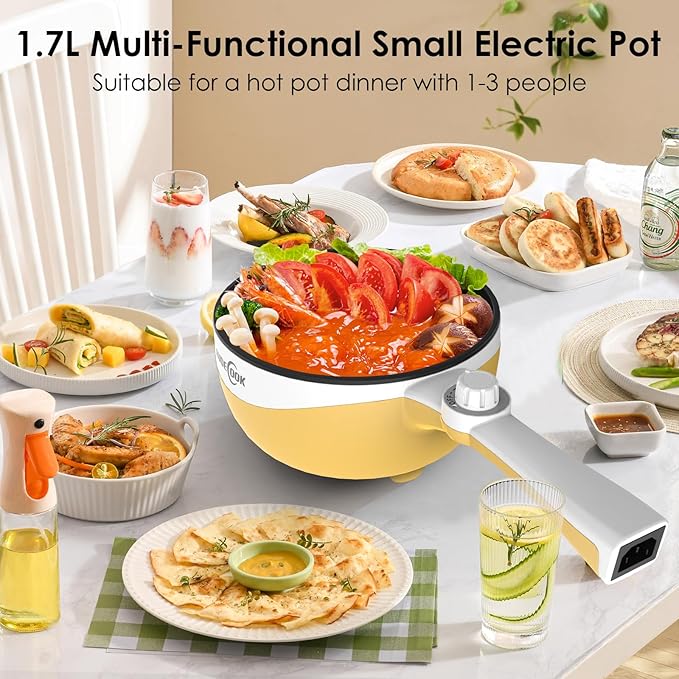 Audecook Hot Pot Electric, 1.7L Mini Electric Skillet Portable Nonstick Saut챕 Pan with Power Adjustment, Rapid Noodles Cooker Travel Multicooker for Steak/Soup/Egg/Oatmeal/Noodles