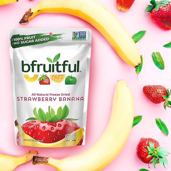 bfruitful Freeze-Dried Mangos, Strawberry Bananas, Pineapples Variety Pack, Freeze Dried Fresh Fruit Bites, Gluten Free, Vegan, Dairy Free, Kosher, No Sugar Added, Non GMO, Healthy Snacks for Kids or Adults, 0.56 oz Single-Serve Snack Packets, 12 Pack