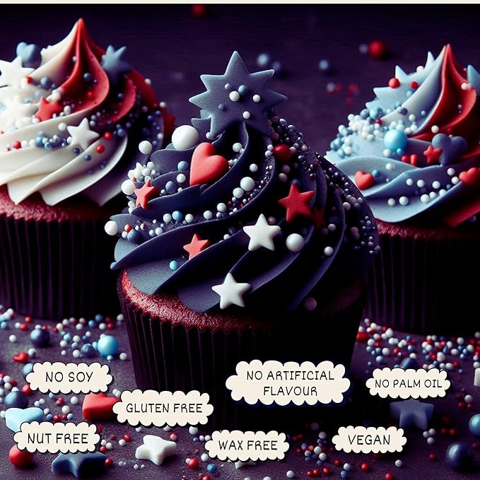 Confect Cake Mate Dessert Sprinkles ??Edible Red, White & Navy blue Heart, Star, Pearl & Vermicelli Sprinkles ??Toppings for Cake Decorating, Baking, Cupcakes, Cookies & Ice Cream | Vegan, Gluten-Free, Soy-Free, Dairy-Free, Palm Oil-Free- 4.2 Oz