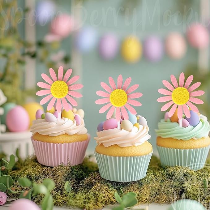 30 Pack Sunflower Cupcake Toppers Glitter Baby Shower Sunflower Cupcake Picks for Gender Reveal Theme Baby Shower 1st Birthday Party Cake Decorations Supplies Pink