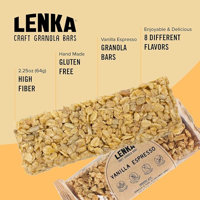 Lenka Bars - Vanilla Espresso Snack Bars, Gluten Free, High Fiber, Kosher, Wholesome, No Artificial Flavors, Individually Wrapped - 12 Pack