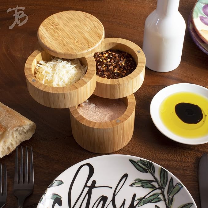 Totally Bamboo Triple Salt Cellar, 3 Tier Bamboo Kitchen Salt and Pepper Storage Box with Magnetic Swivel Lids