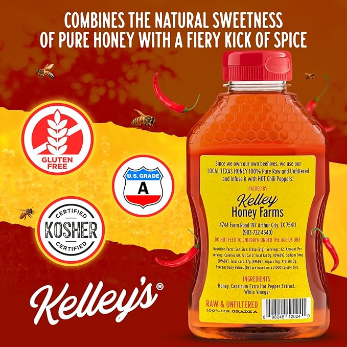 Kelley's Hot Honey, 24 Oz – 100% Unfiltered Raw Honey Infused with Chili Pepper – Rich Flavor for BBQ, Fried Chicken, Pizza, Charcuterie Board, Cornbread