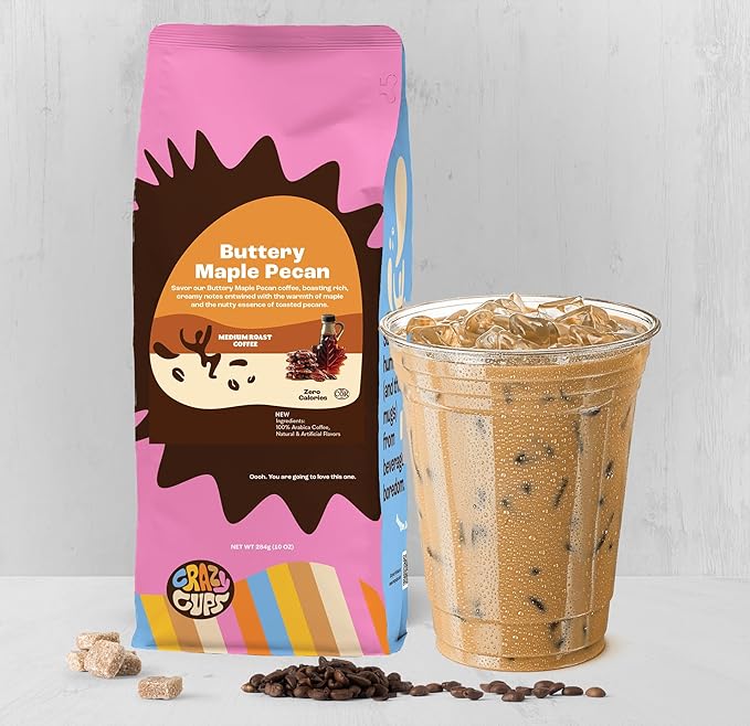 Crazy Cups Flavored Ground Coffee, Buttery Maple Pecan Coffee, For Brewing Flavored Hot or Iced Pecan Coffee, 10oz