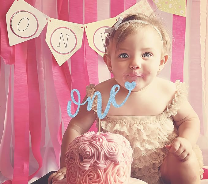 First Birthday Cake Topper - Light Blue Glitter Love One Birthday Cake Decorating Supplies, Perfect for Baby Shower/Gender Revealing Party/Baby Party Photo Booth Props