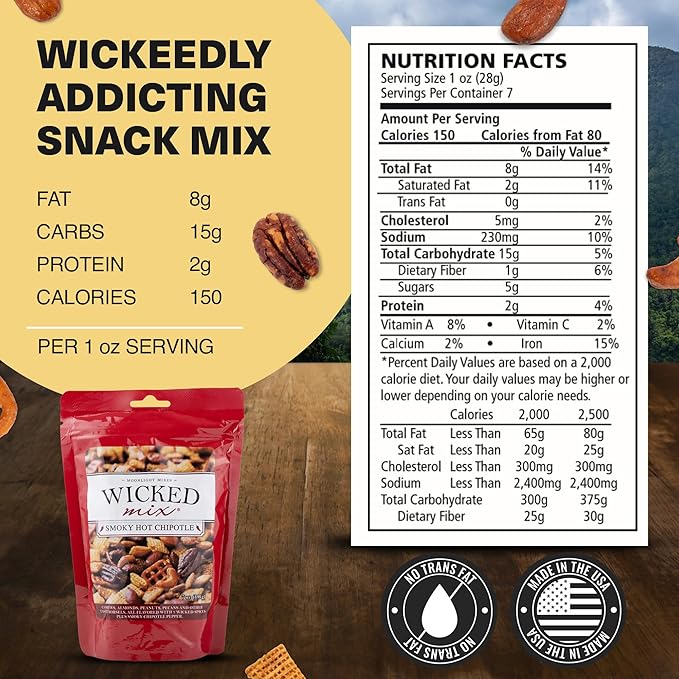Wicked Mix Snack Mix with Mixed Nuts - Sweet and Salty Snacks Trail Mix Snack Packs with Almonds, Cashews, Pretzels, Pecans - Healthy Snacks Zero Trans Fat in Resealable Bag (Smoky Hot Chipotle, Pack of 3)