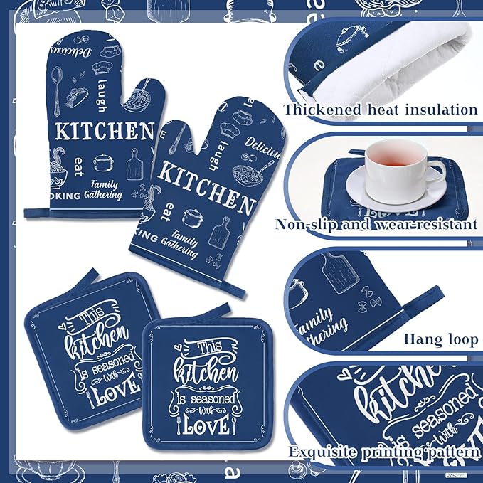 Bencailor 12 Pcs Farmhouse Kitchen Decor Sets, 8 Blue Kitchen Dish Towels 2 Pot Holders 2 Oven Mitts Glove, Rustic Hand Towels and Dishcloths Sets for Home Decorations Accessories Christmas Mom Gifts