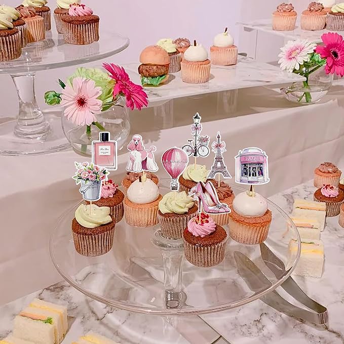 32Pcs Paris Party Cupcake Topper Pick Eiffel Tower Bicycle High Heels Flowers For Kids Birthday And Baby Shower Birthday Party Decoration