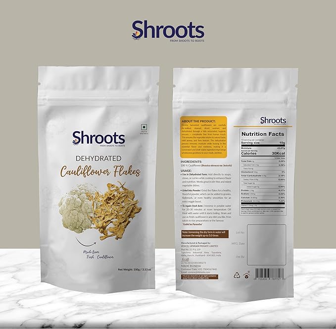 SHROOTS Dehydrated Cauliflower Flakes | 100% Natural, Freshly Dried, Preservative-Free | Perfect for Soups & Cooking | 100g Each, (Pack Of 1)