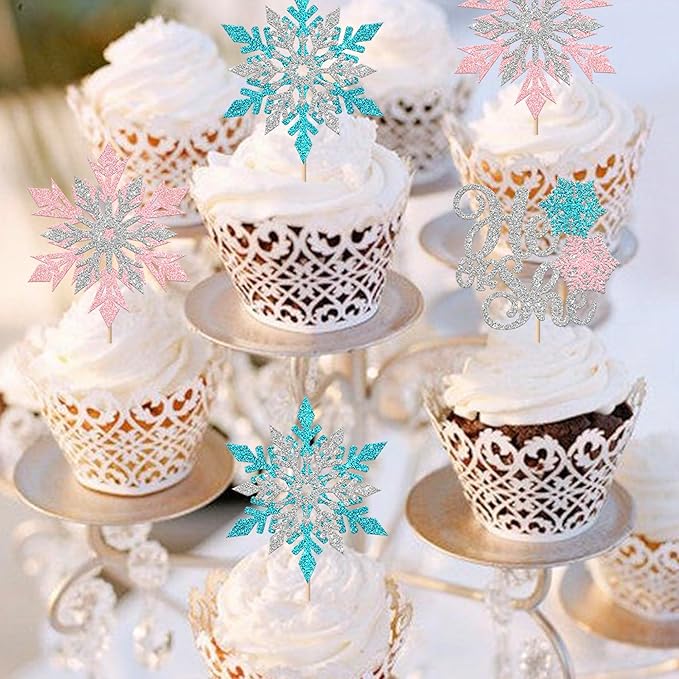 Rsstarxi 24 Pack Snowflake Gender Reveal Cupcake Toppers Pink Blue Glitter He or She Cupcake Picks Winter Snowflake Cake Decorations for Winter Wonderland Birthday Baby Shower Party Supplies