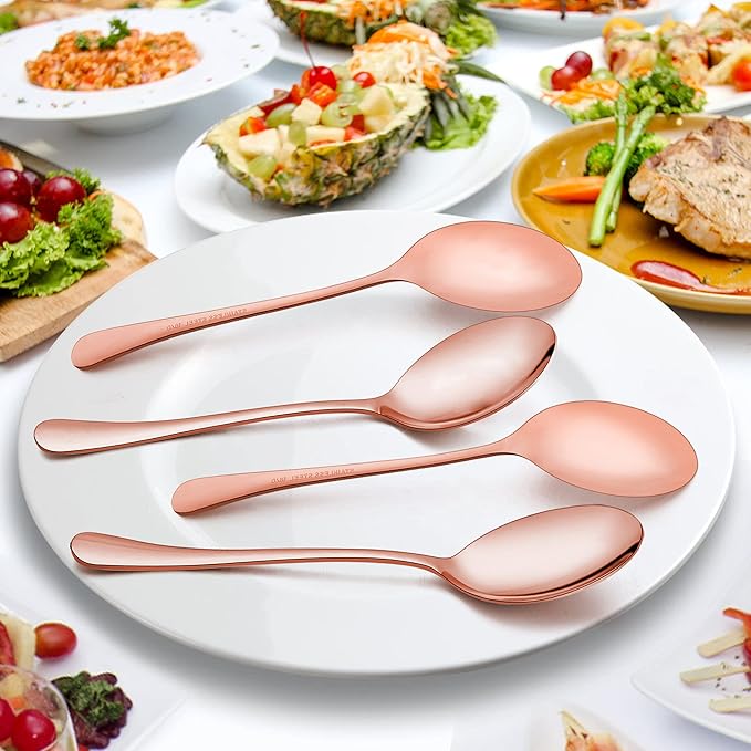 LIANYU Copper Serving Spoons Set of 6, 9.8 Inch Stainless Steel Large Dinner Buffet Catering Banquet Serving Spoons, Mirror Finish, Dishwasher Safe