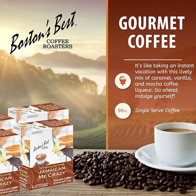Bostonโs Best - Jamaican Me Crazy Flavored Delicious Gourmet Coffee, Compatible with Keurig Coffee Maker, 24 Count (Pack of 4)