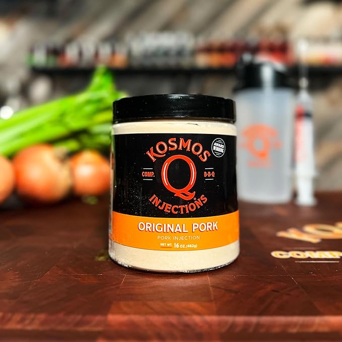 Kosmos Q Original BBQ Pork Injection, Meat Marinade for Pulled Pork, Chops, Ribs, Tenderloin & Brisket, Enhance Flavor & Juiciness, Award-Winning BBQ Seasoning for Moist & Tender Barbecue, 16 Oz Jar