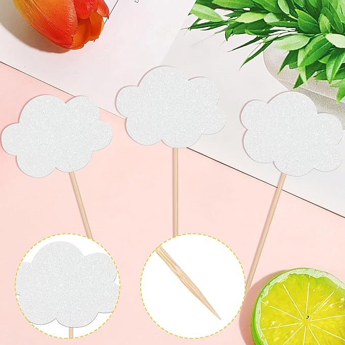 24 PCS Cloud Cupcake Toppers Glitter Glitter White Clouds Cupcake Picks Cloud Baby Shower Decorations for Baby Shower Birthday Wedding Party Cake Decorations Supplies