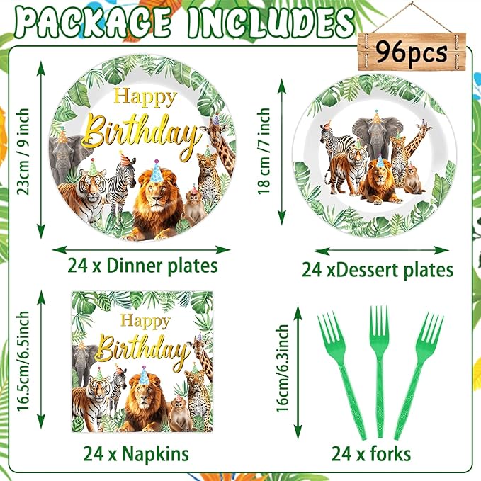 96Pcs Jungle Animals Plates and Napkins Safari Happy Birthday Party Decorations Zoo Party Dessert Plates Wild Animals Lion Tiger Theme Tableware for 24 Guests Men Woman Adults Birthday Supplies