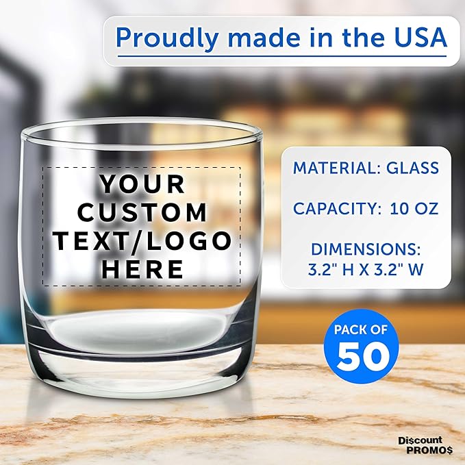 DISCOUNT PROMOS Custom Whiskey Glasses 10 oz Set of 50, Personalized Bulk Pack - Heavy Base Old Fashioned Glass, Perfect for Scotch, Bourbon, Whiskey, Cocktail - Clear Bottom Color