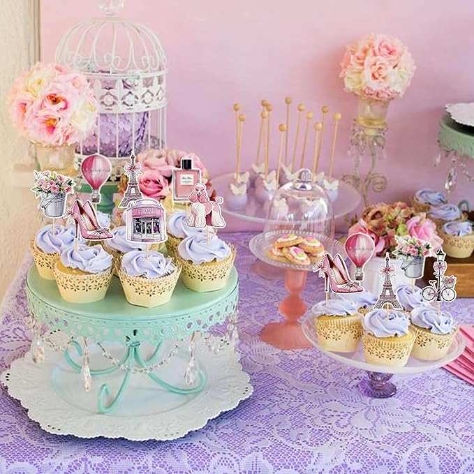 32Pcs Paris Party Cupcake Topper Pick Eiffel Tower Bicycle High Heels Flowers For Kids Birthday And Baby Shower Birthday Party Decoration