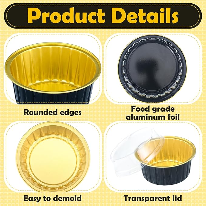 Hushee 600 Pcs Aluminum Foil Baking Cups with Lids and Spoons 5oz Disposable Ramekins Dessert Muffin Creme Brulee Cupcake Liners Containers for Wedding Birthday Christmas Party(Round,Black Gold)