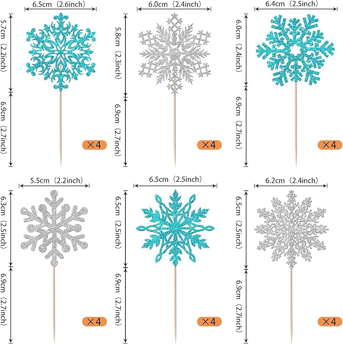 Rsstarxi 24 Pack Snowflake Cupcake Toppers Glitter Winter Wonderland Snowflake Theme Cupcake Picks Decoration for Baby Shower Kids Birthday Christmas Party Cake Decorations Silver Blue