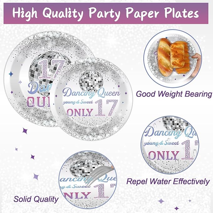 96Pcs Dancing Queen Plates and Napkins for 17 Birthday Party Decorations for Girls Silver 17 Year Old Dessert Plates Dancing Queen Tableware Set for 24 Guests 17 Birthday Party Supplies