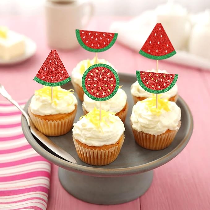 24 Pcs Watermelon Cupcake Toppers Glitter Tropical Summers Kids Happy Birthday Cake Toppers Picks Watermelon Baby Shower Cake Decorations