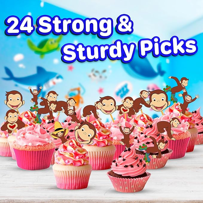 24x Curious Monkey Cupcake Toppers ??Strong Picks Happy Birthday D챕cor, Cupcake Decorations for Kids Birthdays