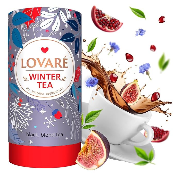 LOVARE Winter Loose Leaf Tea 80 g - Made in Ukraine ??Black Tea, Papaya & Mango Pieces, Safflower Petals, Persimmon, Saffron & Melon Flavors - Tea Lovers Gift Box with 15 Paper Filters