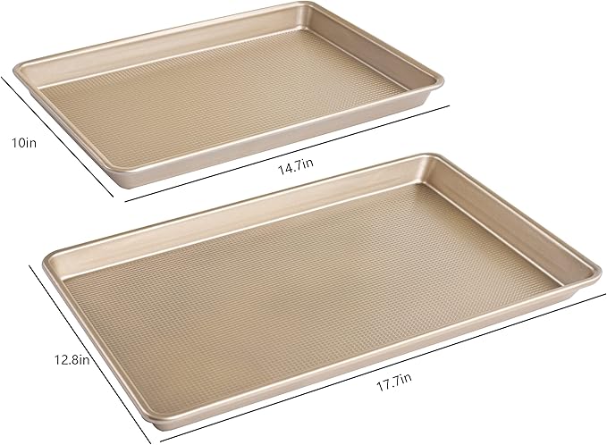 Kitcom Nonstick Cookie Sheet Baking Pan Sets 2 Piece, Heavy Duty Carbon Steel Professional Half Cookie Molds, 17.7x12.8in,14.7x10in, Champagne Gold