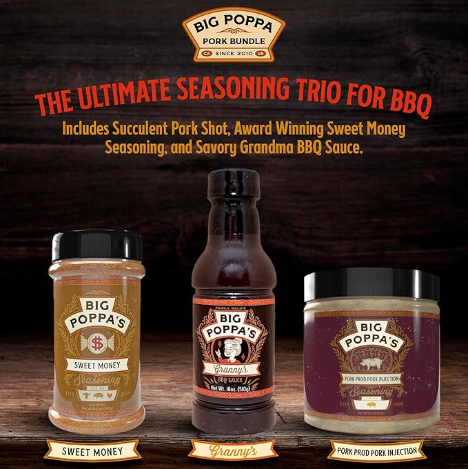 Big Poppa's Pork Bundle – Includes Succulent Pork Prod Injection, Award-Winning Sweet Money Seasoning & Savory Granny's Sauce – Flavorful BBQ Seasoning Trio for BBQ Lovers