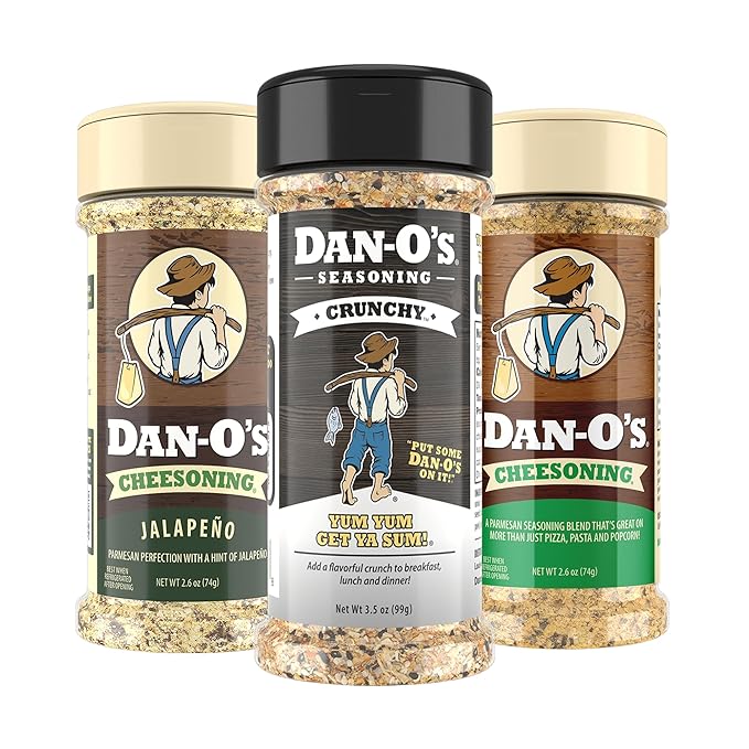 Dan-O's 3 Bottle Seasoning Set, Small Bottles, 3 Pack, Includes Crunchy, Cheesoning and Jalapeño Cheesoning Seasonings, Sugar Free, Zero Calorie, Use this Seasoning Kit in Snacks, Pasta or Sauce