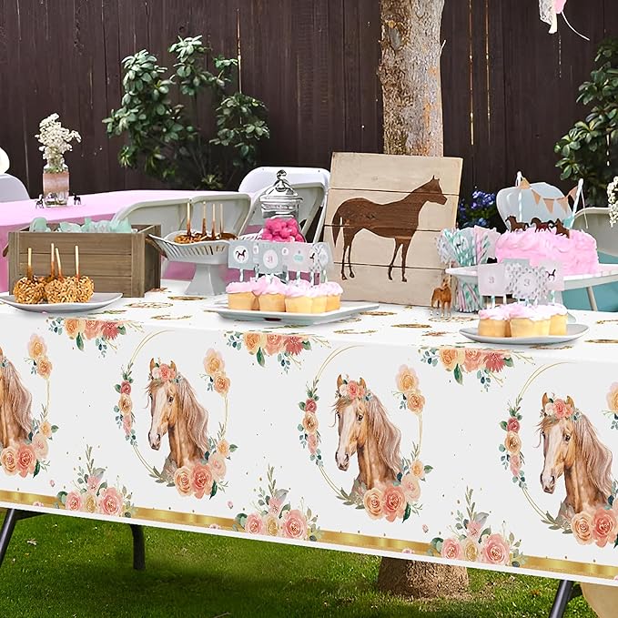 3Pcs Horse Tablecloths Gold Cowgirl Horse Birthday Table Covers, Western Girl Themed Party Decorations Plastic Disposable Rectangular Table Cloth Decor for Kids Birthday Baby Shower