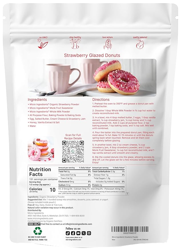 Organic Strawberry Powder, 1 Lb | 100% Natural Fruit Powder | Freeze-Dried Strawberries Source | No Sugar & Additives | Great Flavor for Drinks, Smoothie, & Beverages | Non-GMO & Vegan Friendly
