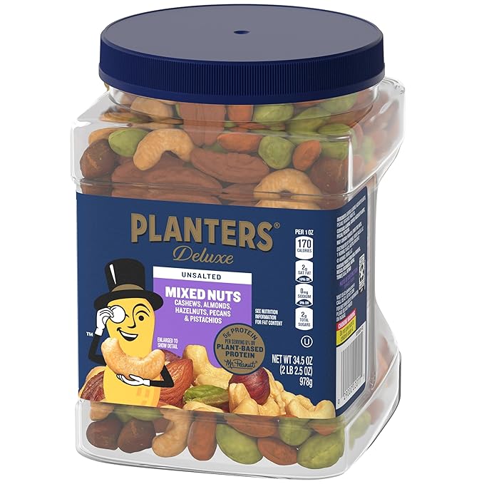 PLANTERS Unsalted Mixed Nuts, Cashews, Almonds, Hazelnuts, Pecans, Pistachios no Shell, Party Snacks, Plant-Based Protein, Quick Snack for Adults, After School Snack, Kosher, 34.5 Oz Container
