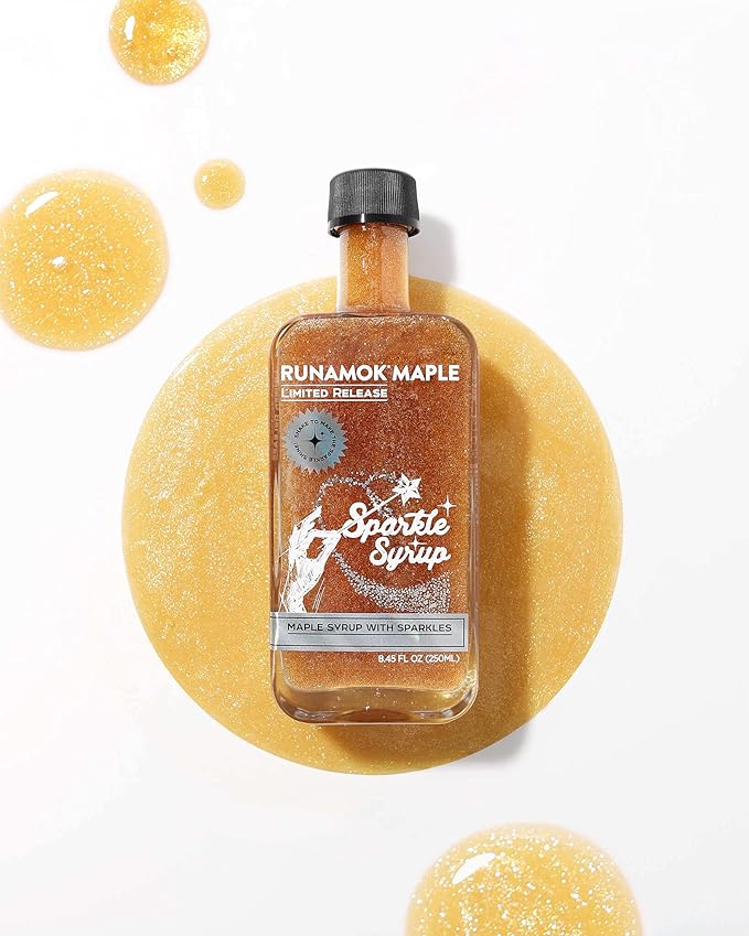 Runamok Sparkle Syrup - Maple Syrup Infused with Edible Sparkles, Perfect Pancake Syrup, Fun Vermont Maple Syrup for Beverages, Fresh Fruit & Dessert Toppings | 8.45 Fl Oz (250mL)