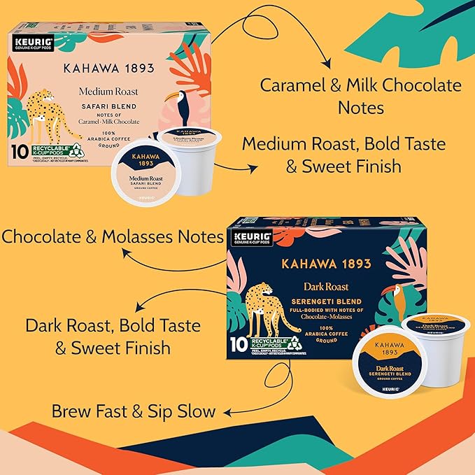 Kahawa 1893 Variety Pack Coffee K-Cup Pods - Safari & Serengeti Blend (40 Count) - As Seen on Shark Tank, 2 Boxes Medium Roast + 2 Boxes Dark Roast, Ethically & Sustainably Sourced