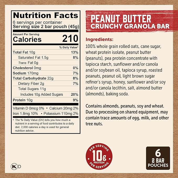 Kodiak Cakes Protein Crunchy Granola Bar, Peanut Butter, (Pack of 12 Boxes)