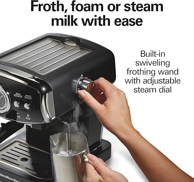 Hamilton Beach Slide & Lock Espresso Machine With Milk Frother Steam Wand For Cappuccino & Latte, 15 Bar Pump and Two Spouts, Removable Reservoir, Compact, Retro Design, Black (40730)