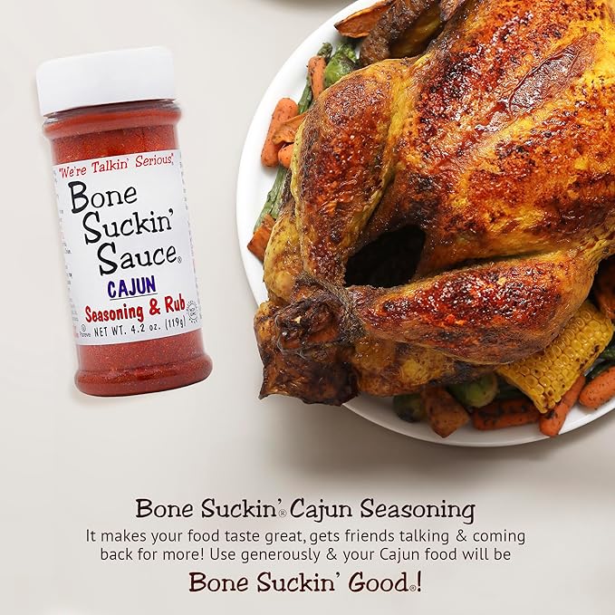 Bone Suckin' Cajun Seasoning & Rub, 4.2 Oz - Gluten-Free, Non-GMO, Kosher, Pareve, Paleo & Sugar Free. Great on Gumbo, Wings, Fried Chicken, Seafood & Brine. No Anti Caking Agent & No Msg!
