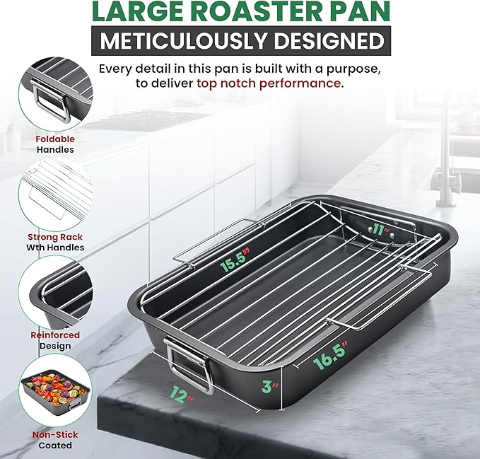 Large Roasting Pan With Rack 12” x 16” - Non Stick Large Roaster Pan and V-Rack With Foldable Handles - Roasting Pans for Ovens to Elevate Food for Even Heating - Dishwasher Safe Turkey Roast Pot