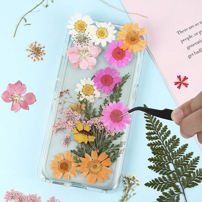 Nuanchu Pressed Flowers Bulk Dried Flower for Crafts, Dried Wildflowers Leave Natural with Tweezer for Resin Mold Scrapbooking Nail Soap Making DIY(Fresh Style,Elegant Color)